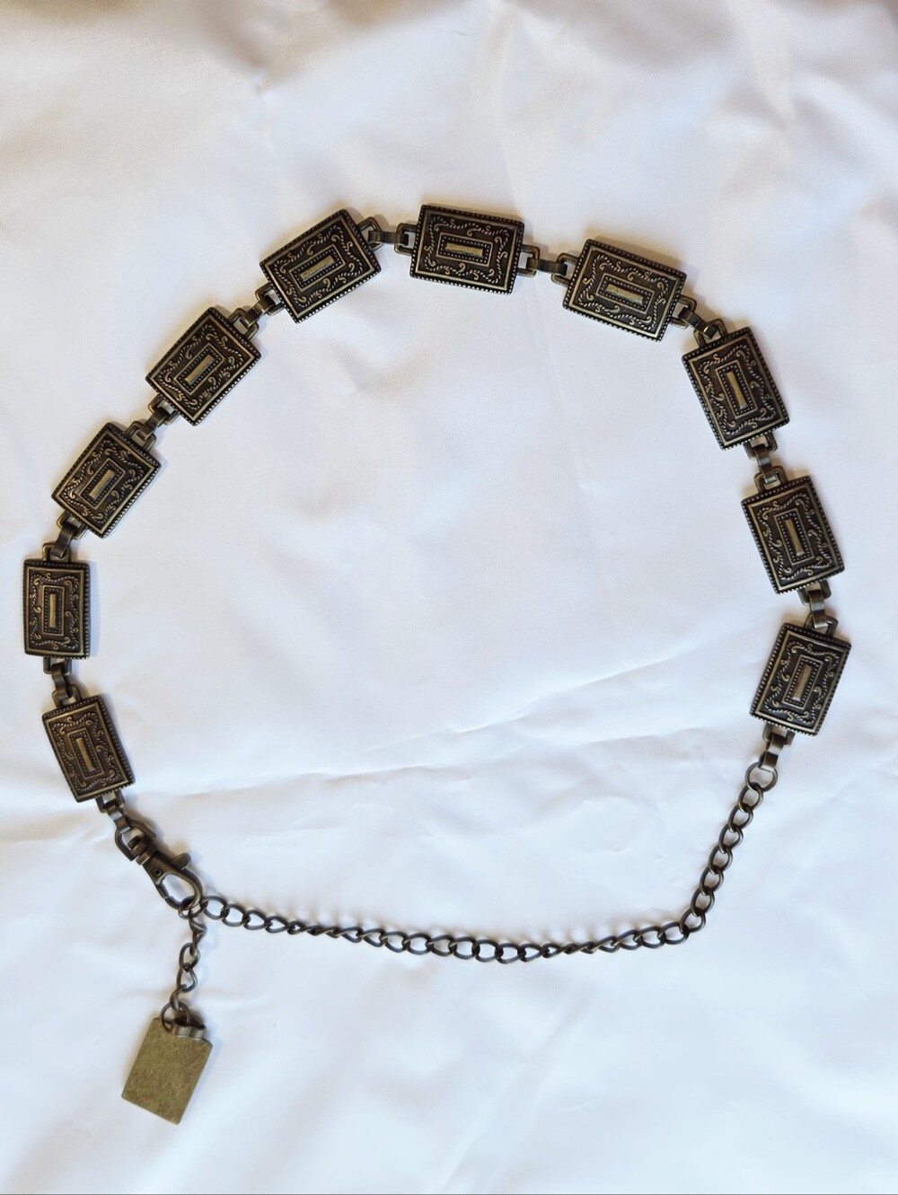Vintage Ornate Bronze Chain Belt / Necklace – Rectangular Embossed Links, Adjust